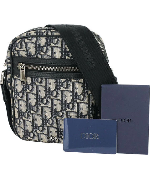 Dior Beige Navy Oblique Jacquard Canvas Leather Mini Crossbody Men's Bag