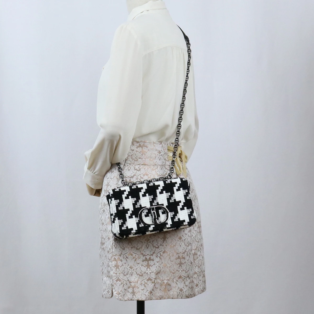 Dior White/ Black Houndstooth Caro Small Chain Shoulder Bag
