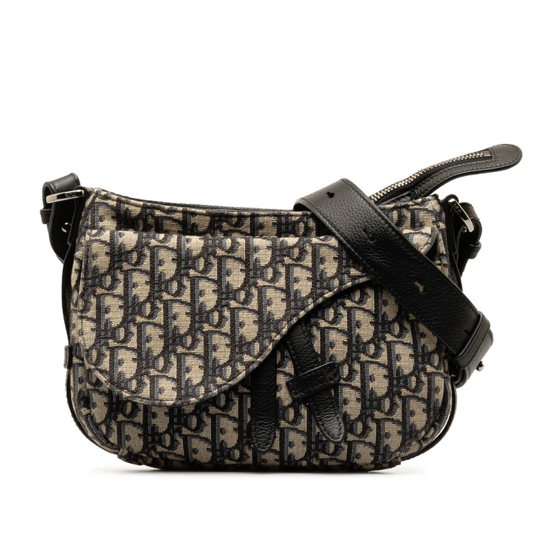 Dior Black/Beige Oblique Canvas Jacquard Leather Trotter Saddle Pouch Shoulder Bag