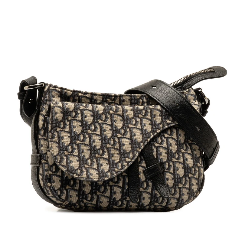 Dior Black/Beige Oblique Canvas Jacquard Leather Trotter Saddle Pouch Shoulder Bag