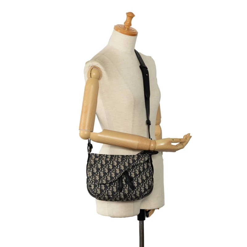 Dior Black/Beige Oblique Canvas Jacquard Leather Trotter Saddle Pouch Shoulder Bag