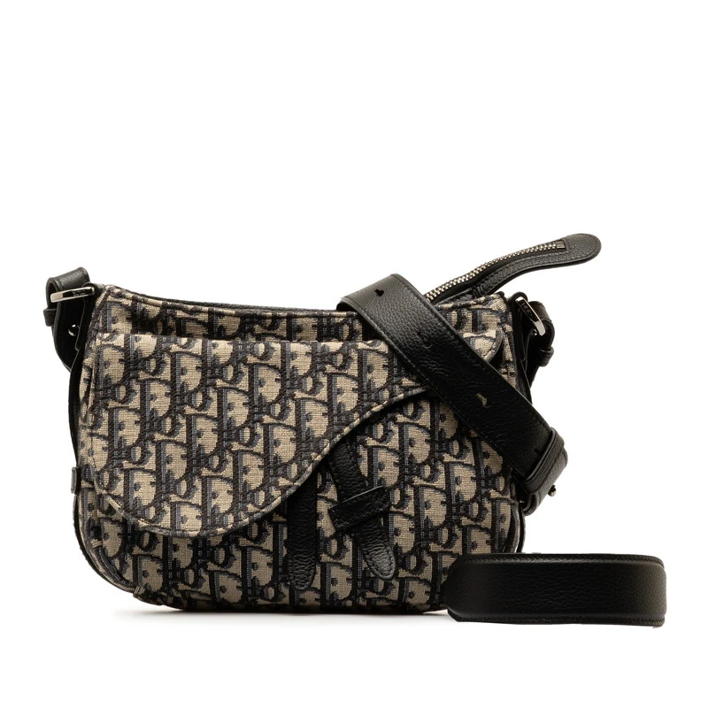 Dior Black/Beige Oblique Canvas Jacquard Leather Trotter Saddle Pouch Shoulder Bag