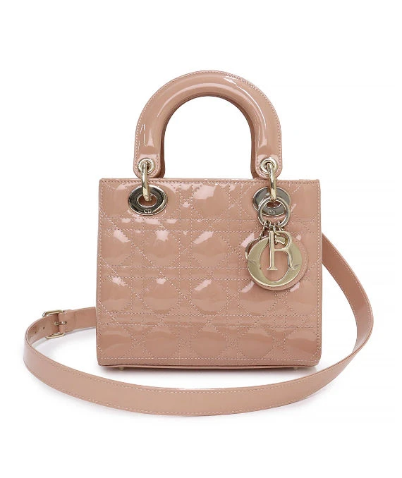 Christian Dior Rose Des Vents Patent Cannage Calfskin Leather Medium Lady Dior Satchel Bag