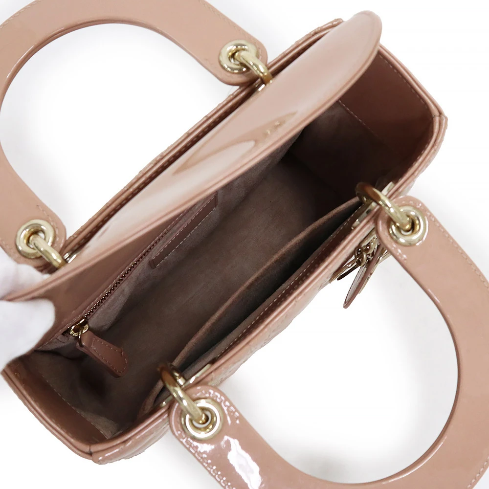 Christian Dior Rose Des Vents Patent Cannage Calfskin Leather Medium Lady Dior Satchel Bag