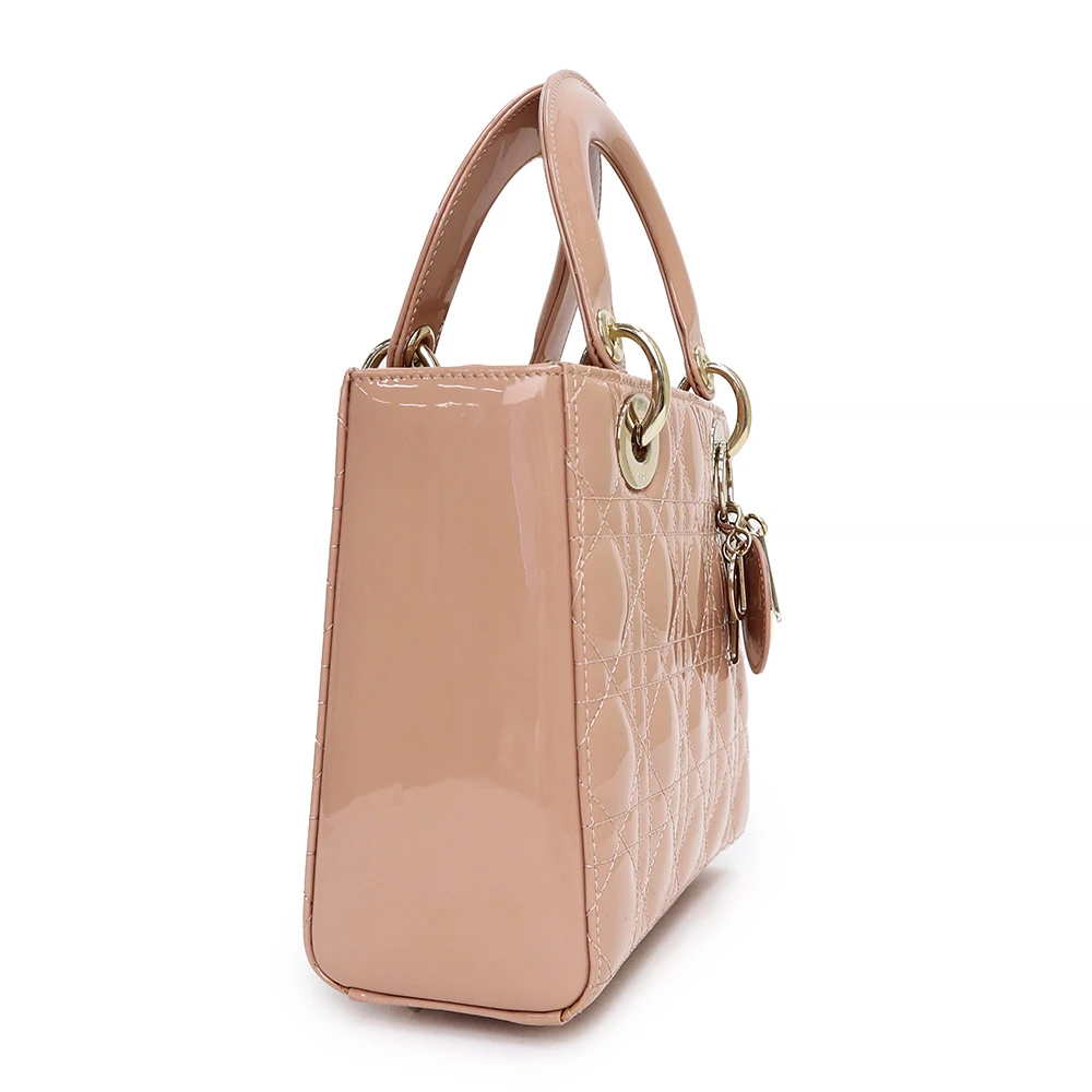 Christian Dior Rose Des Vents Patent Cannage Calfskin Leather Medium Lady Dior Satchel Bag