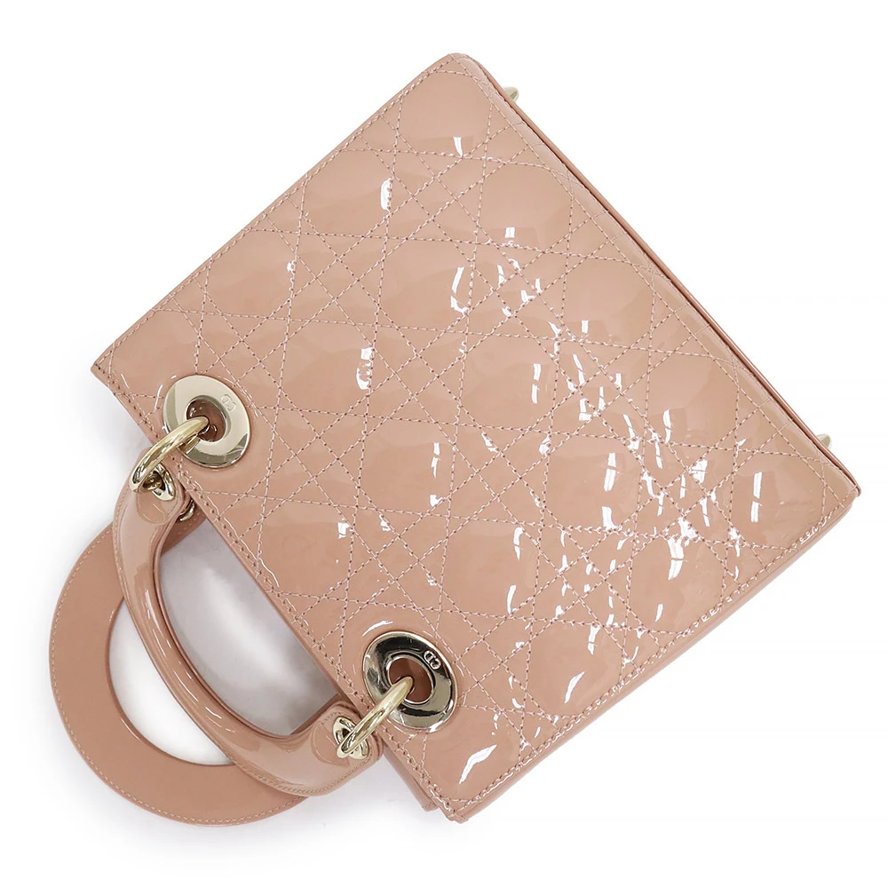 Christian Dior Rose Des Vents Patent Cannage Calfskin Leather Medium Lady Dior Satchel Bag