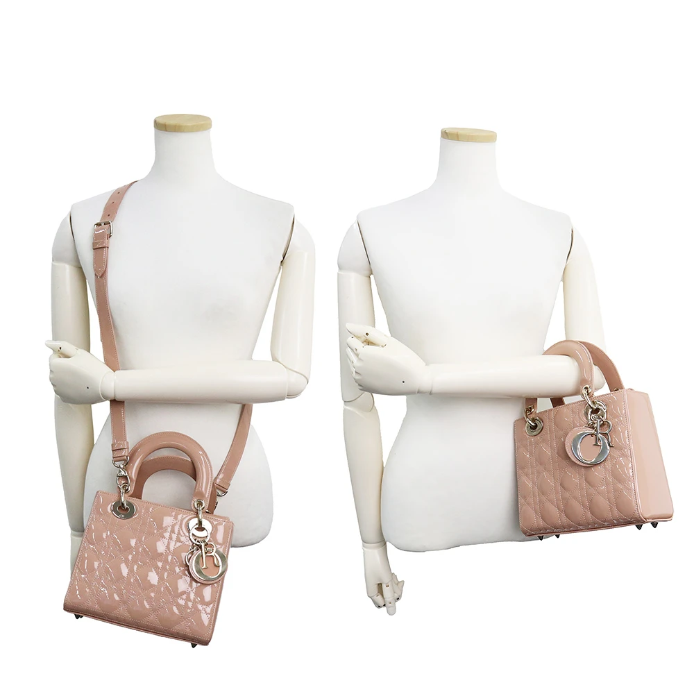 Christian Dior Rose Des Vents Patent Cannage Calfskin Leather Medium Lady Dior Satchel Bag