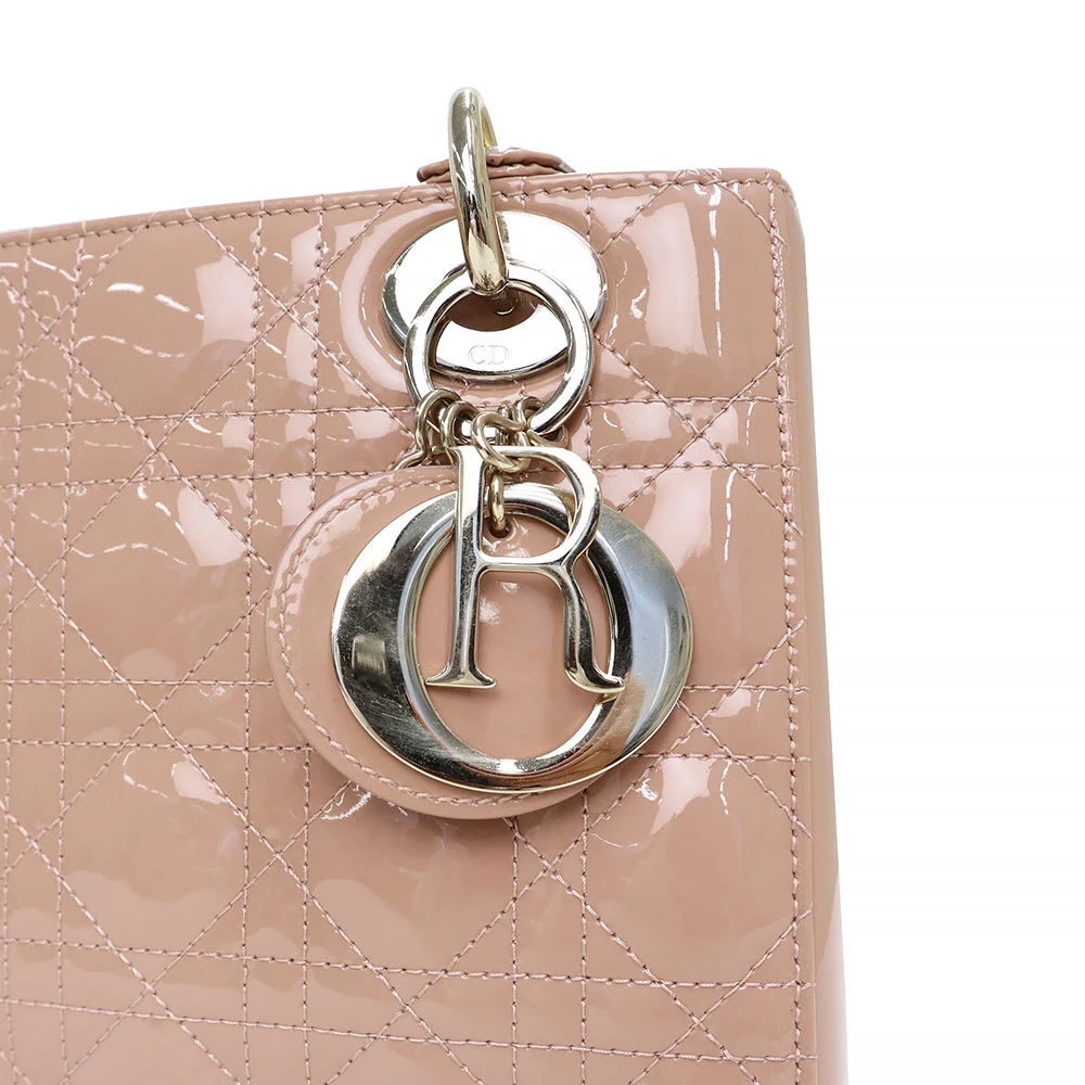 Christian Dior Rose Des Vents Patent Cannage Calfskin Leather Medium Lady Dior Satchel Bag