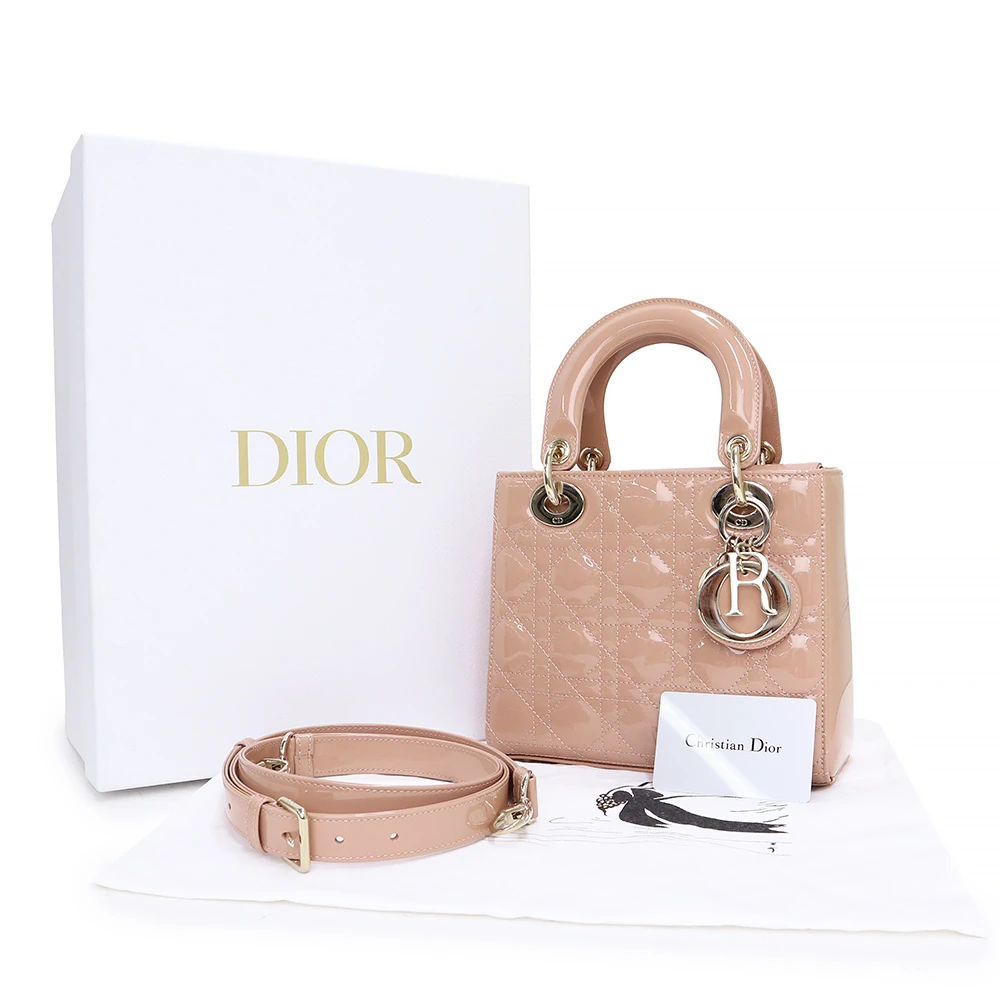 Christian Dior Rose Des Vents Patent Cannage Calfskin Leather Medium Lady Dior Satchel Bag