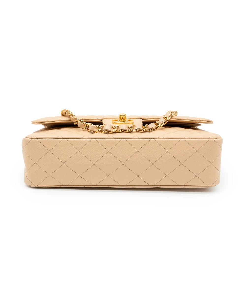 Chanel Size 25 Classic Medium Double Flap Beige Caviar Leather Bag with Gold Hardware