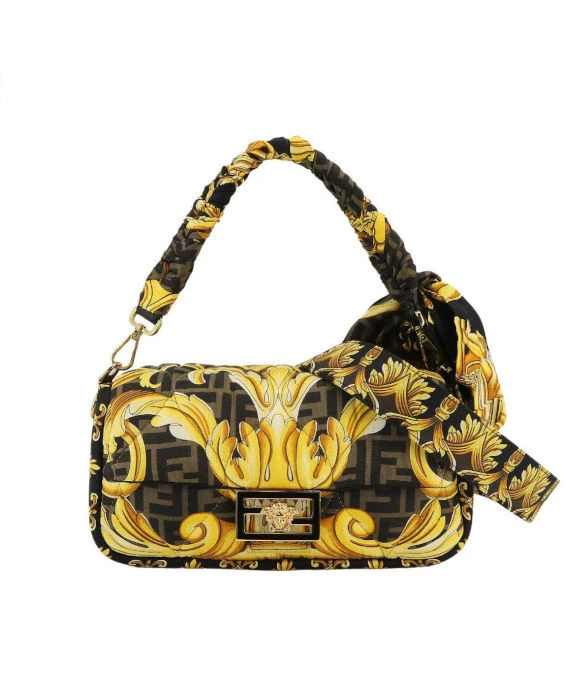 Fendi x Versace Silk Fendace FF Baroque Quilted Scarf Baguette Black Gold Bag