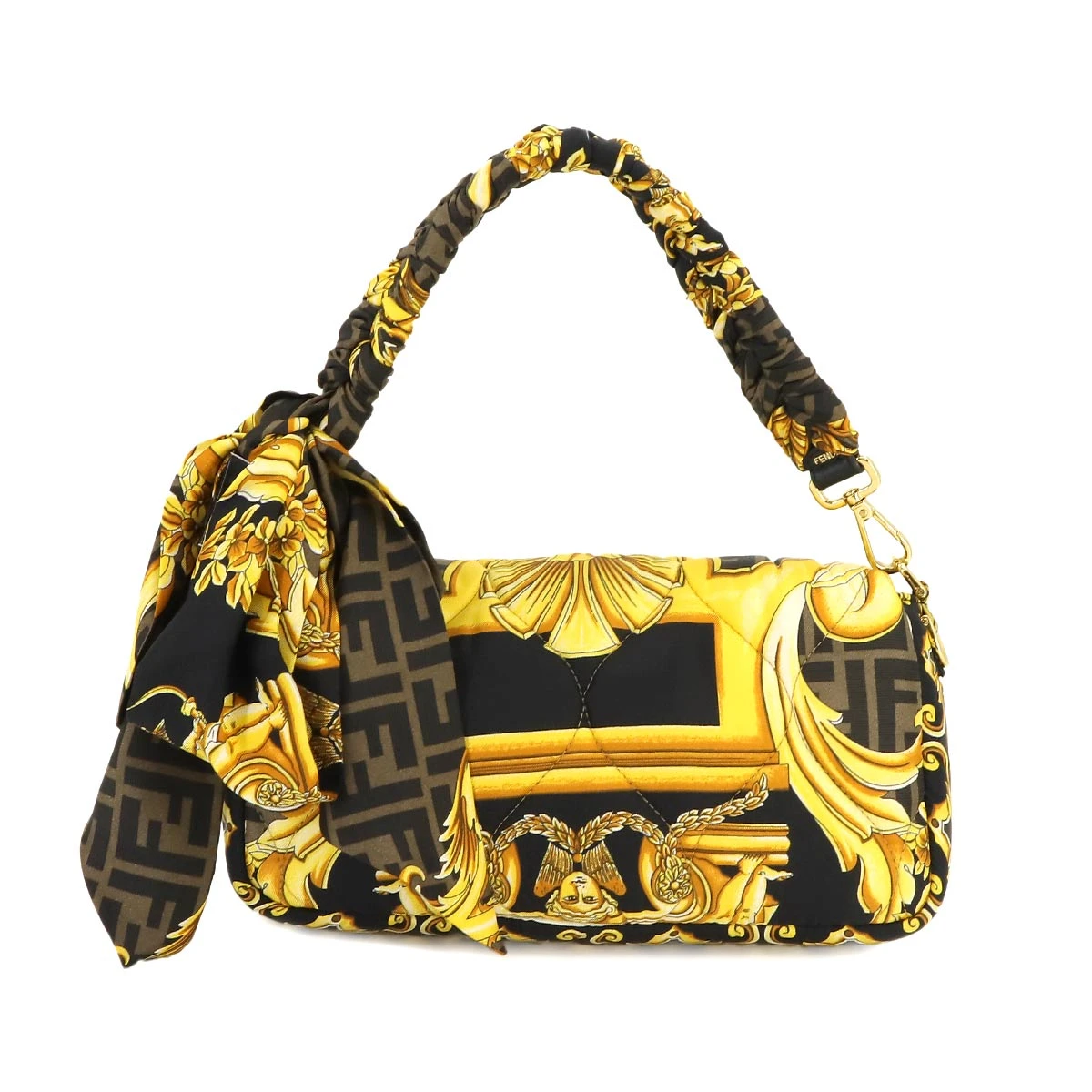 Fendi x Versace Silk Fendace FF Baroque Quilted Scarf Baguette Black Gold Bag