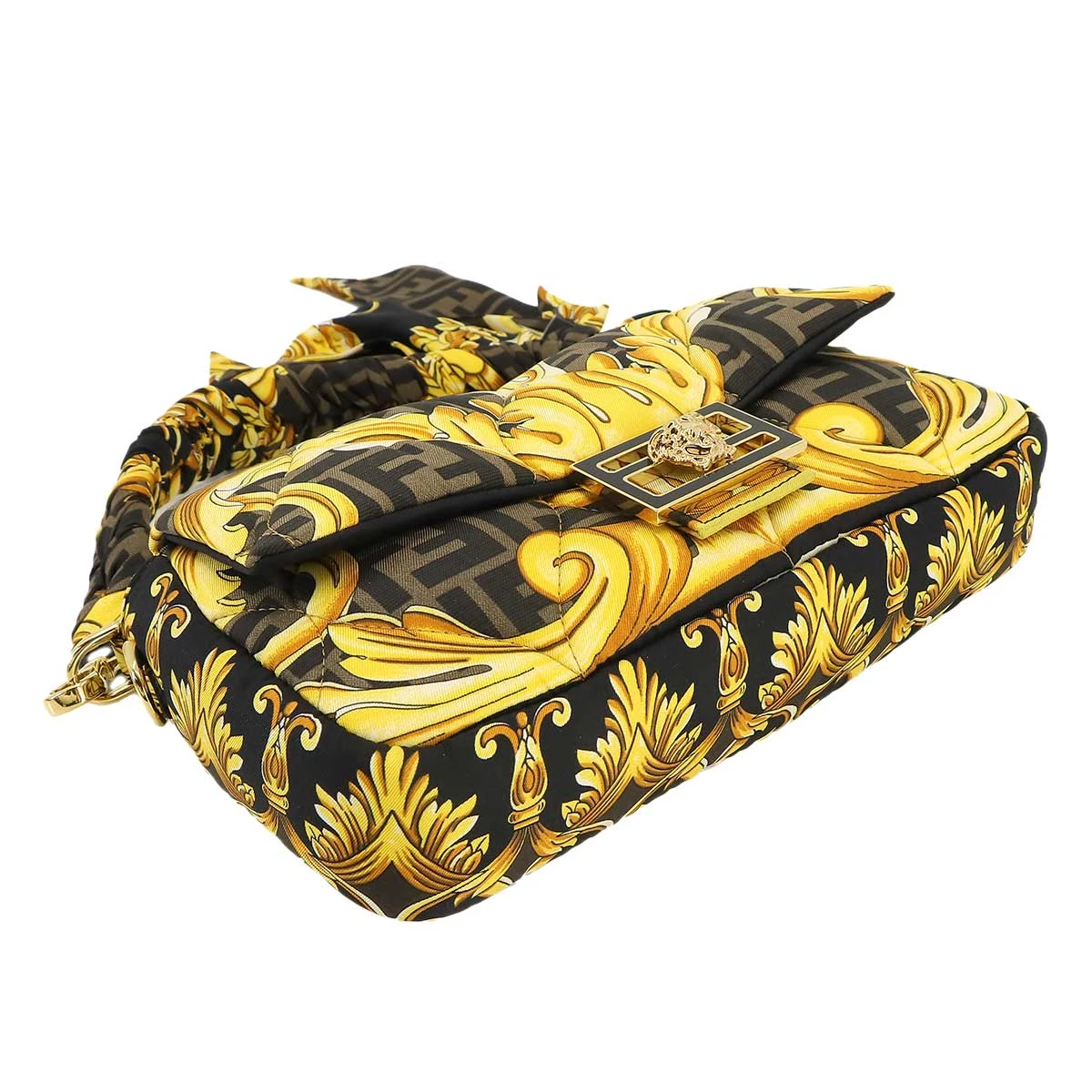 Fendi x Versace Silk Fendace FF Baroque Quilted Scarf Baguette Black Gold Bag