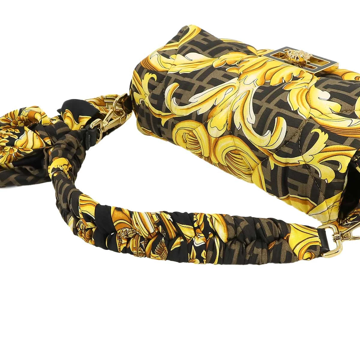 Fendi x Versace Silk Fendace FF Baroque Quilted Scarf Baguette Black Gold Bag