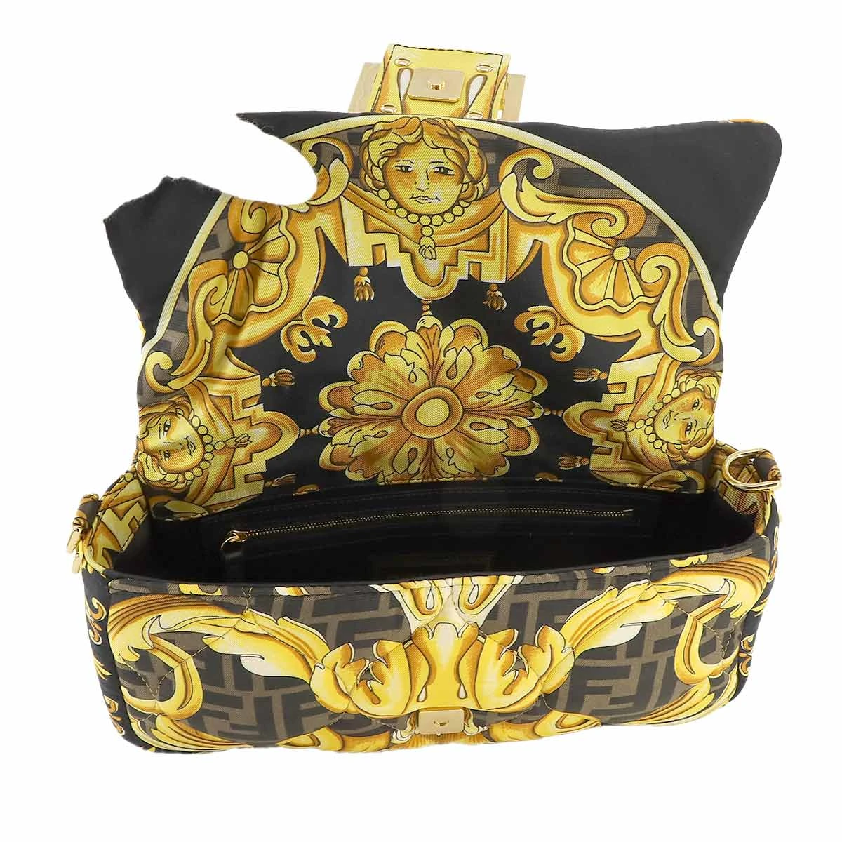 Fendi x Versace Silk Fendace FF Baroque Quilted Scarf Baguette Black Gold Bag