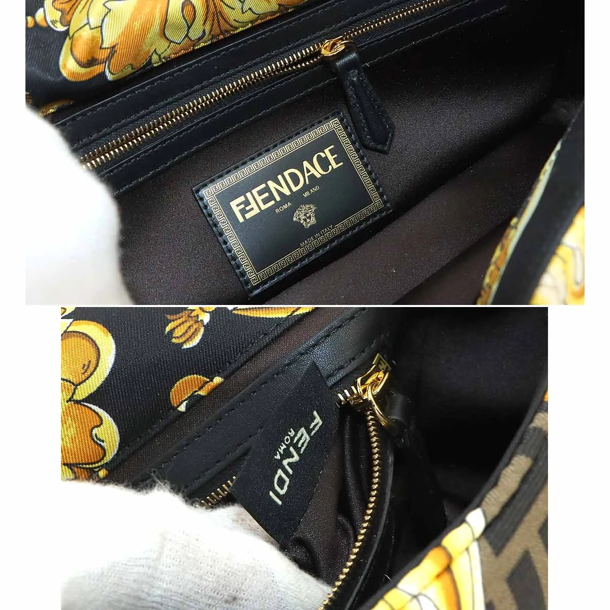 Fendi x Versace Silk Fendace FF Baroque Quilted Scarf Baguette Black Gold Bag