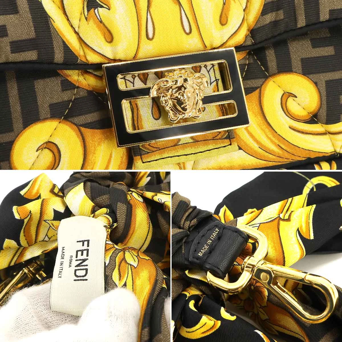 Fendi x Versace Silk Fendace FF Baroque Quilted Scarf Baguette Black Gold Bag