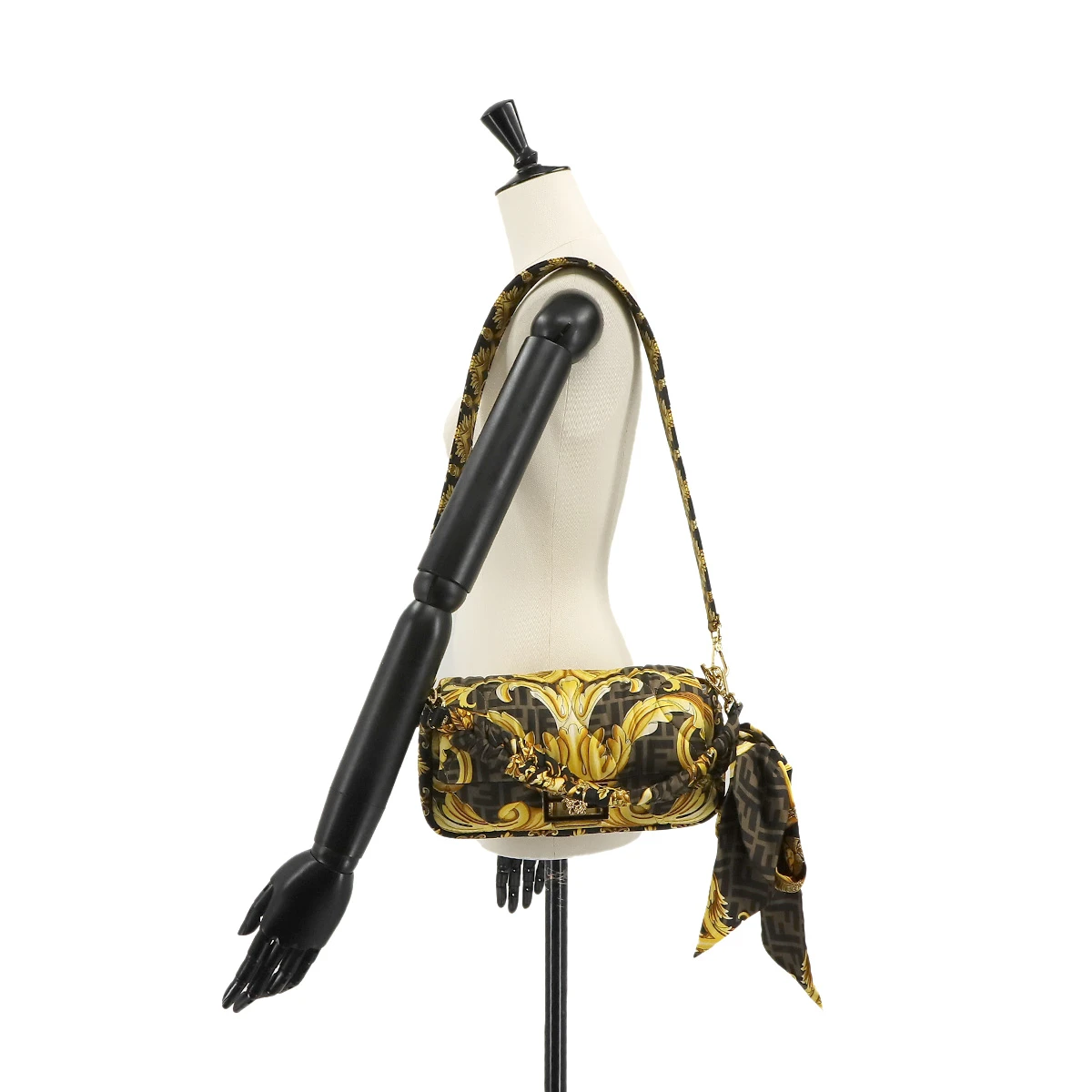Fendi x Versace Silk Fendace FF Baroque Quilted Scarf Baguette Black Gold Bag