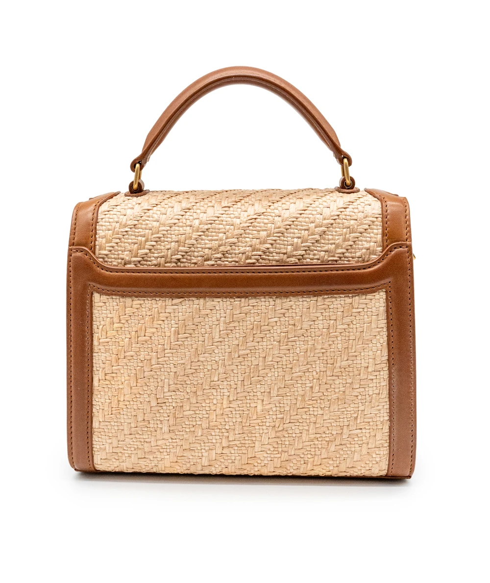 Saint Laurent Cassandra Mini Raffia + Vegetable-Tanned Leather Shoulder Bag in Natural Sand + Brick colors