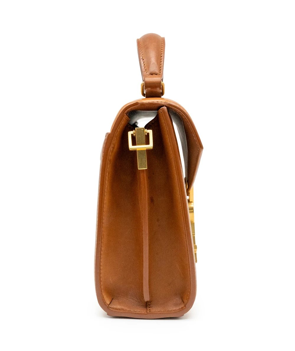 Saint Laurent Cassandra Mini Raffia + Vegetable-Tanned Leather Shoulder Bag in Natural Sand + Brick colors