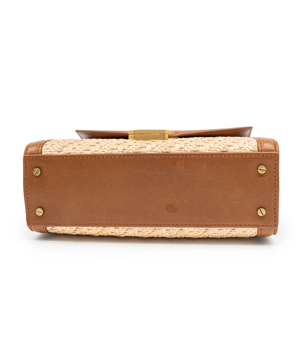 Saint Laurent Cassandra Mini Raffia + Vegetable-Tanned Leather Shoulder Bag in Natural Sand + Brick colors