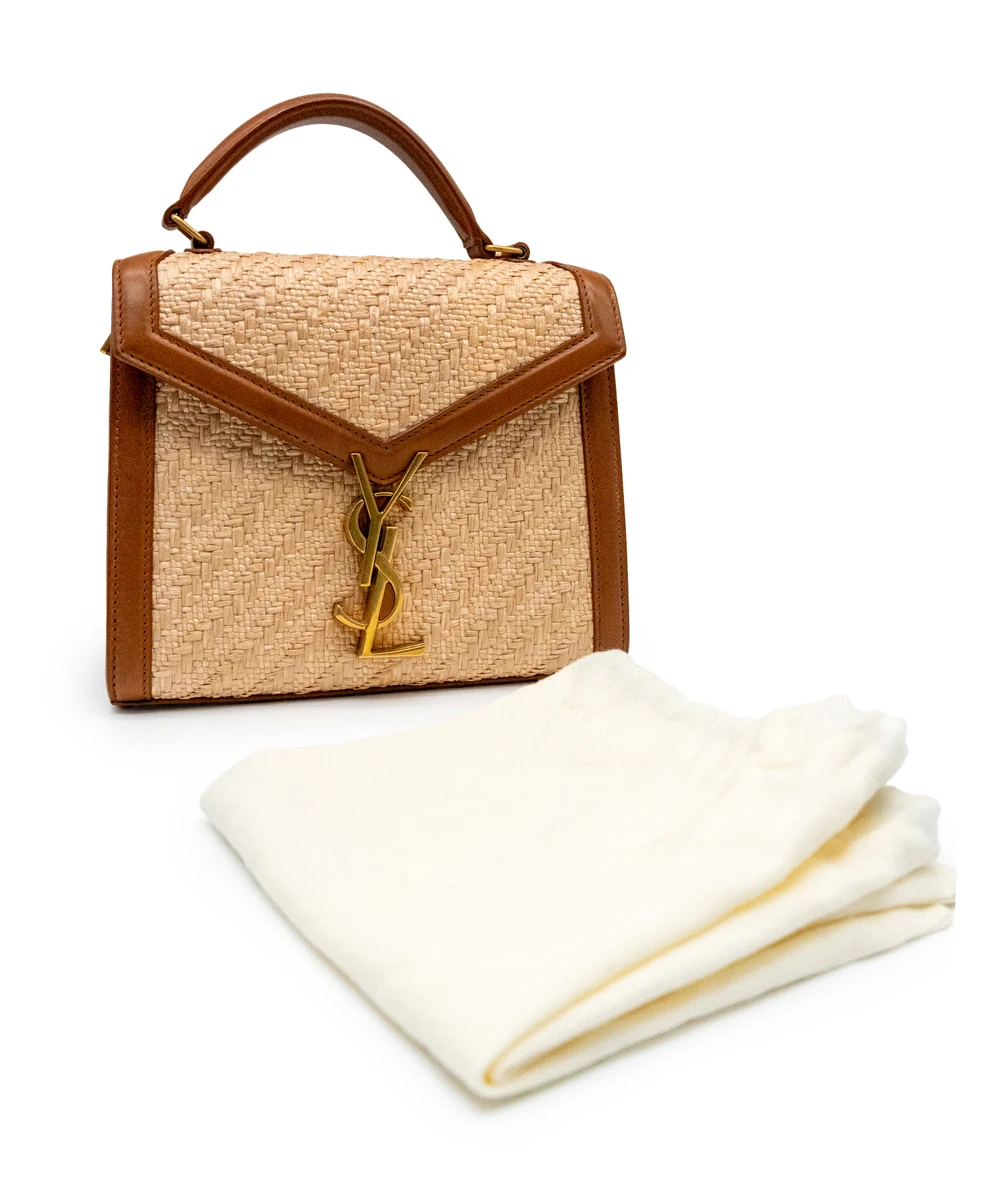 Saint Laurent Cassandra Mini Raffia + Vegetable-Tanned Leather Shoulder Bag in Natural Sand + Brick colors