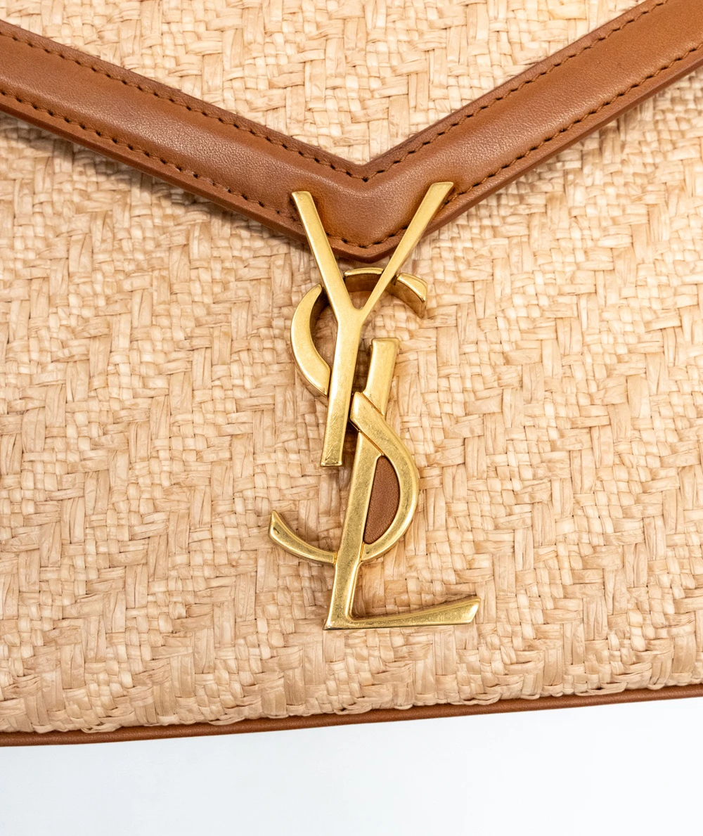 Saint Laurent Cassandra Mini Raffia + Vegetable-Tanned Leather Shoulder Bag in Natural Sand + Brick colors