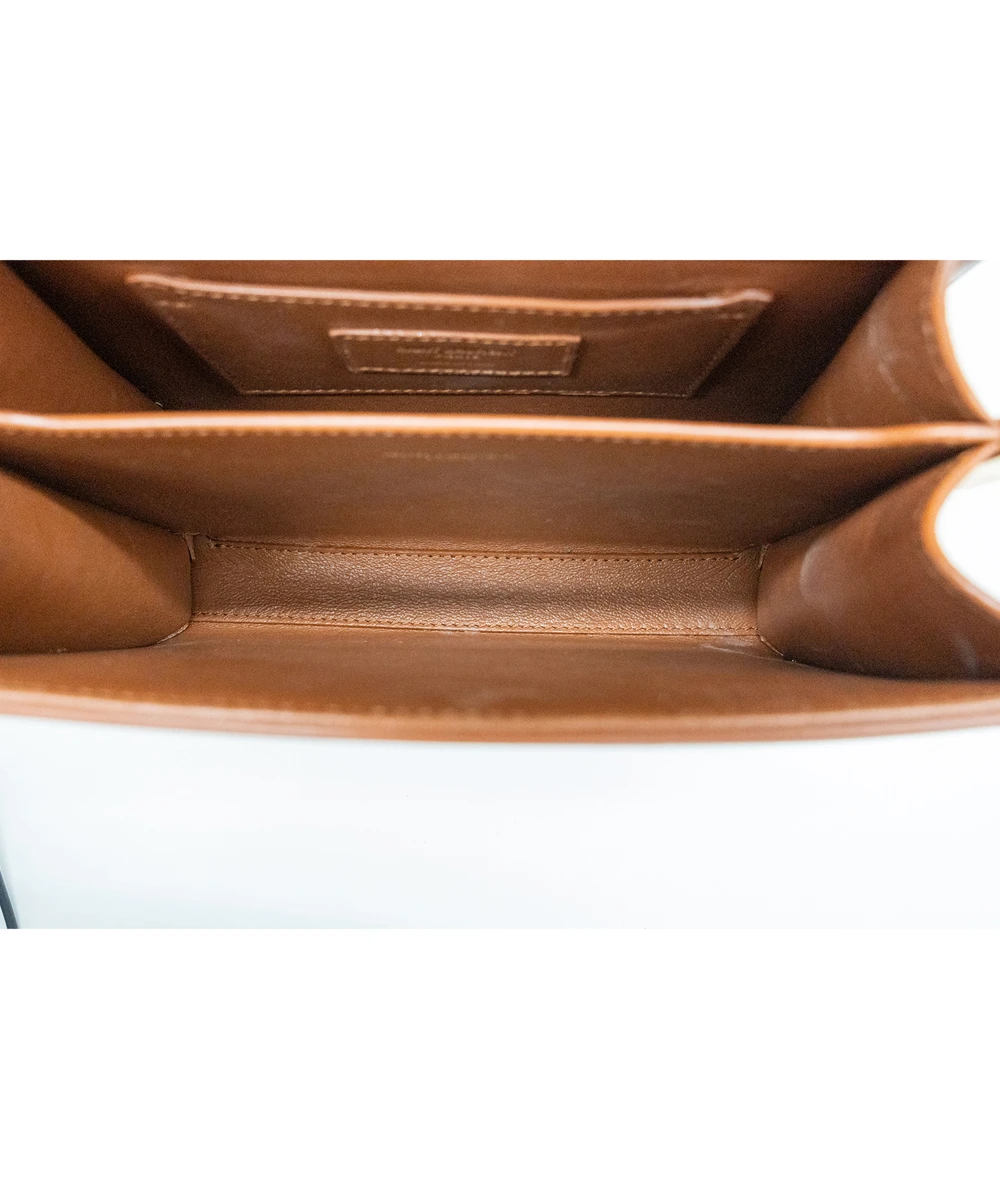 Saint Laurent Cassandra Mini Raffia + Vegetable-Tanned Leather Shoulder Bag in Natural Sand + Brick colors