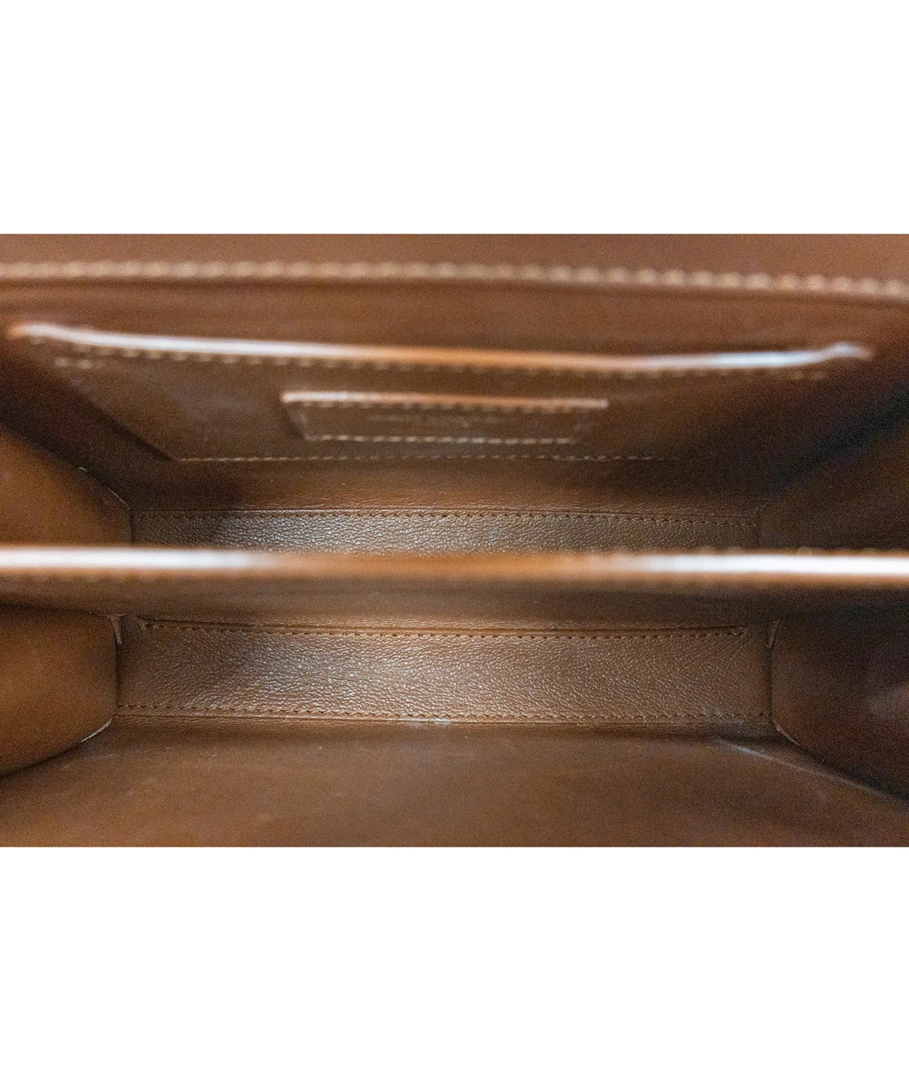 Saint Laurent Cassandra Mini Raffia + Vegetable-Tanned Leather Shoulder Bag in Natural Sand + Brick colors