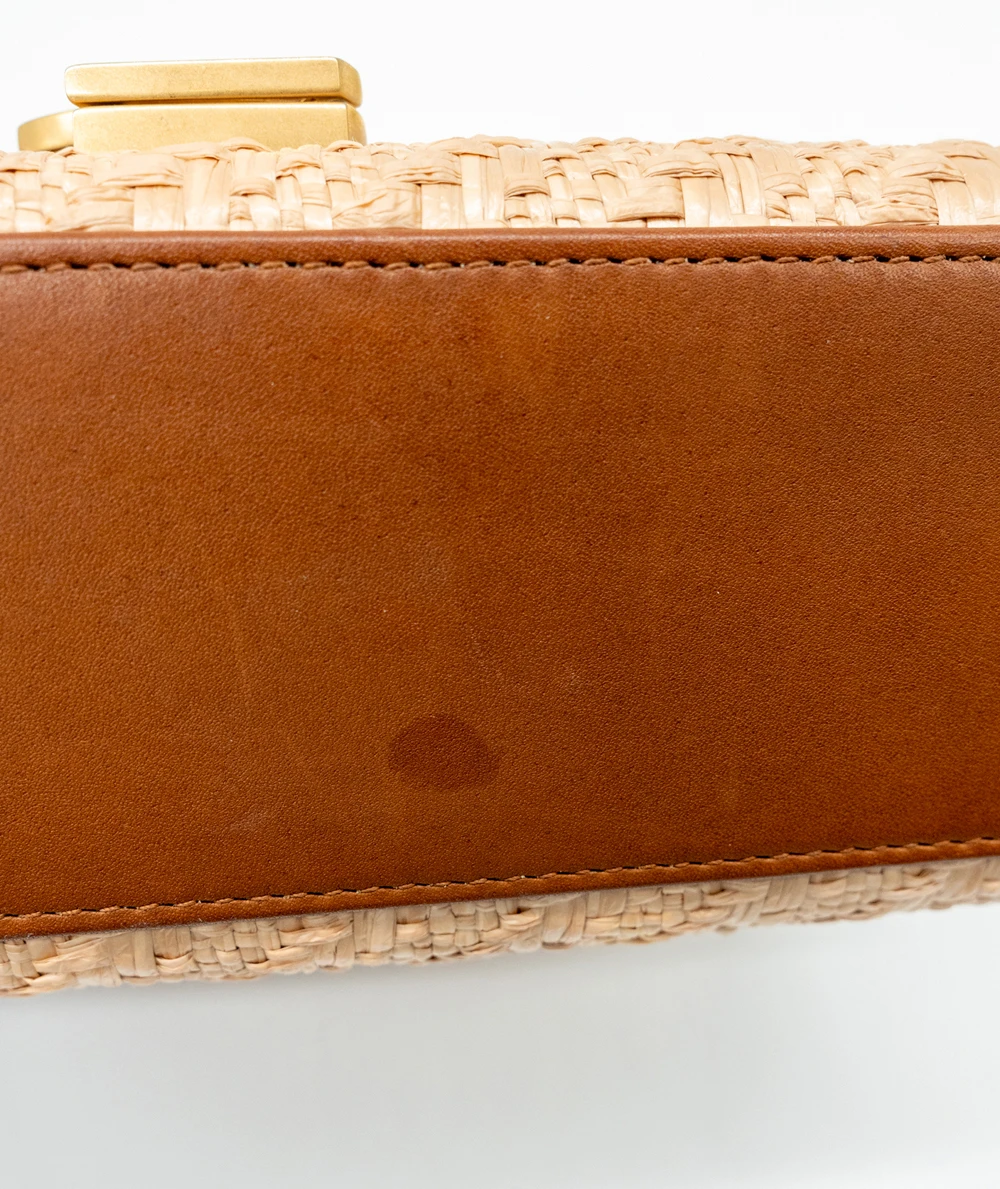 Saint Laurent Cassandra Mini Raffia + Vegetable-Tanned Leather Shoulder Bag in Natural Sand + Brick colors