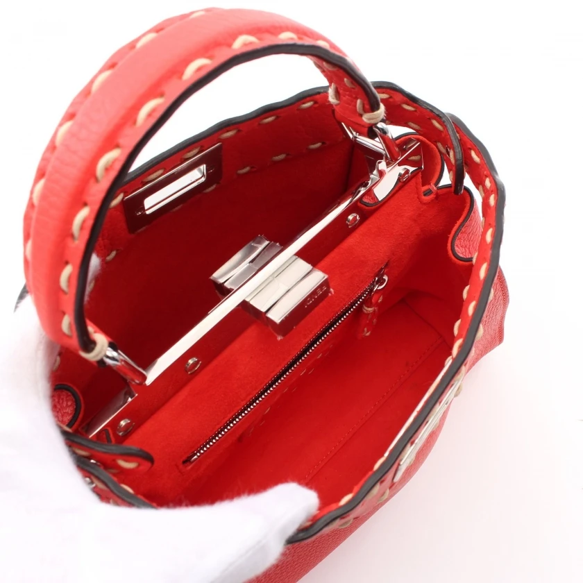 Fendi Red Selleria Leather Mini Peekaboo Top Handle Bag