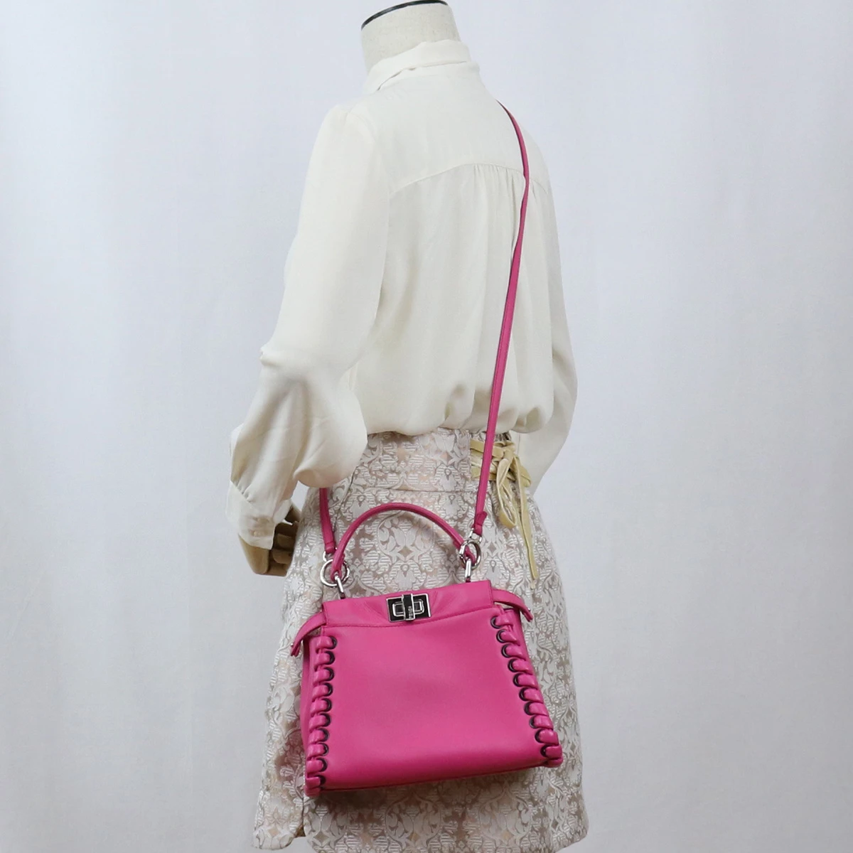 Fendi Pink Leather Mini Whipstitch Peekaboo Top Handle Bag