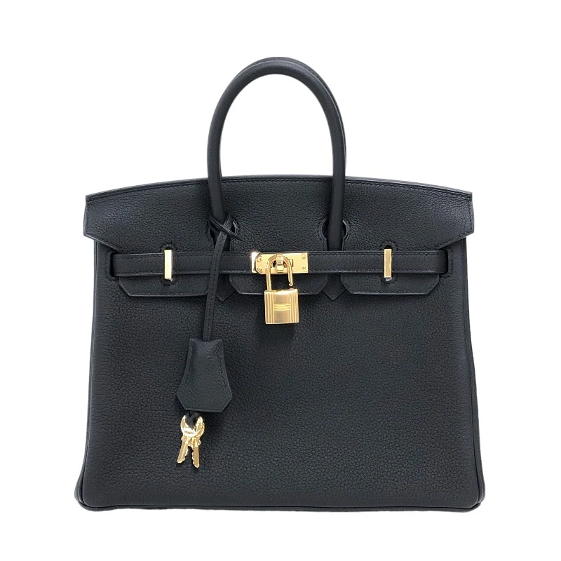 Hermes Birkin (Stamp U) Size 25 Togo Leather Handbag in Black color with Gold Hardware