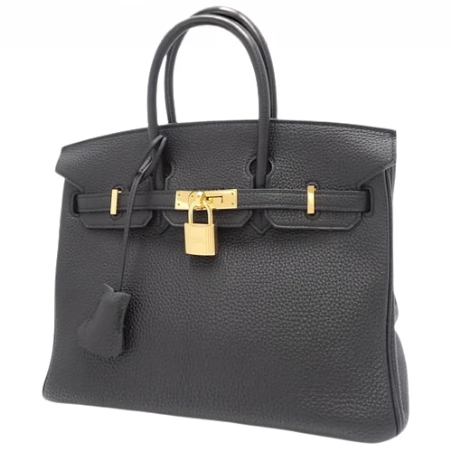 Hermes Birkin (Stamp T) Size 25 Togo Leather Handbag in Black color with Gold Hardware