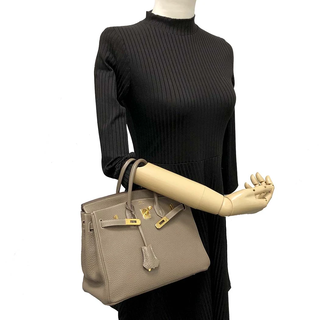 Hermes 2009 Birkin (Stamp M) Size 25 Togo Leather Handbag in Etoupe color with Gold Hardware