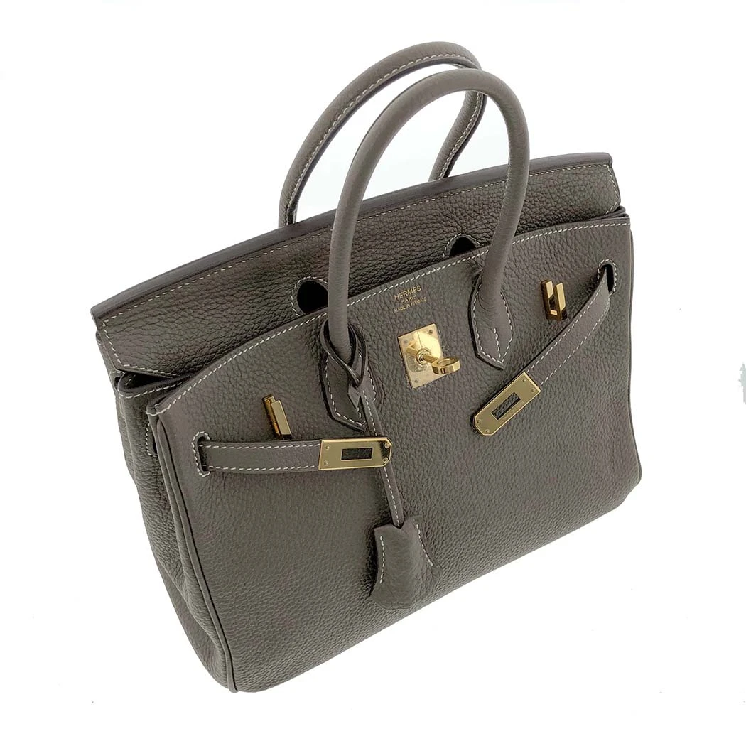 Hermes 2009 Birkin (Stamp M) Size 25 Togo Leather Handbag in Etoupe color with Gold Hardware