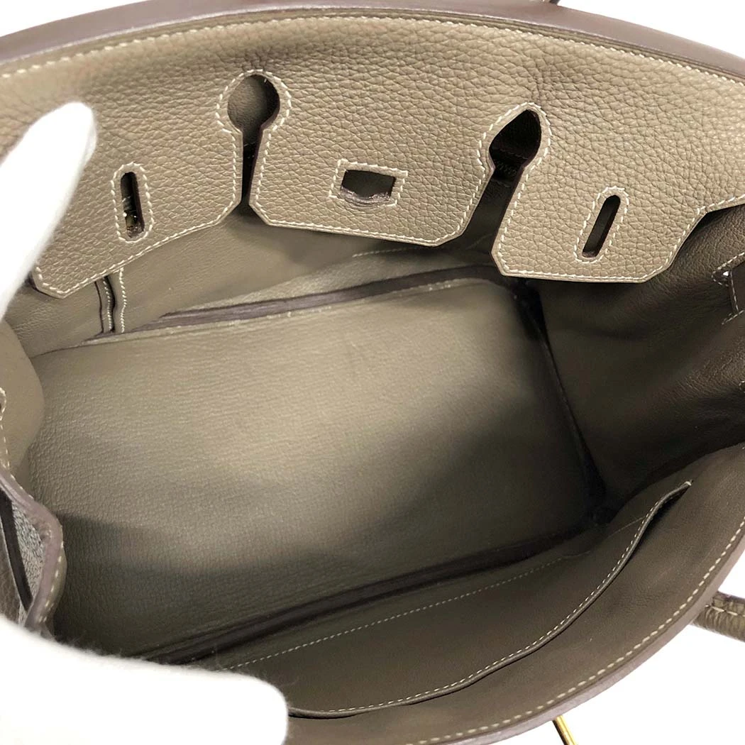 Hermes 2009 Birkin (Stamp M) Size 25 Togo Leather Handbag in Etoupe color with Gold Hardware