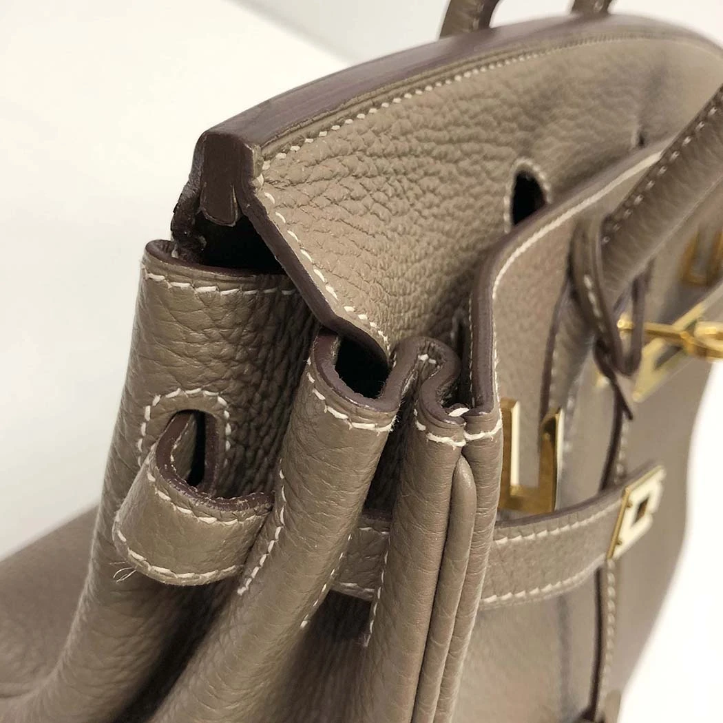 Hermes 2009 Birkin (Stamp M) Size 25 Togo Leather Handbag in Etoupe color with Gold Hardware