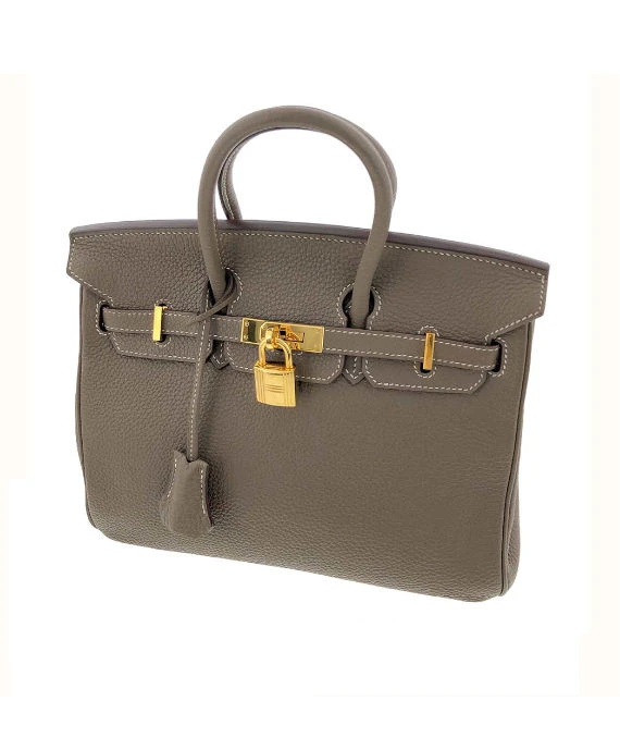 Hermes 2009 Birkin (Stamp M) Size 25 Togo Leather Handbag in Etoupe color with Gold Hardware
