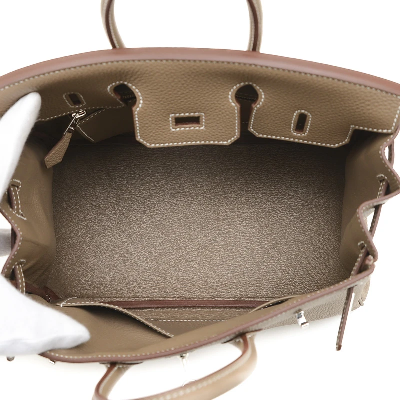 Hermes 2024 Birkin (Stamp W) Size 25 Togo Leather Handbag in Etoupe color with Palladium Hardware