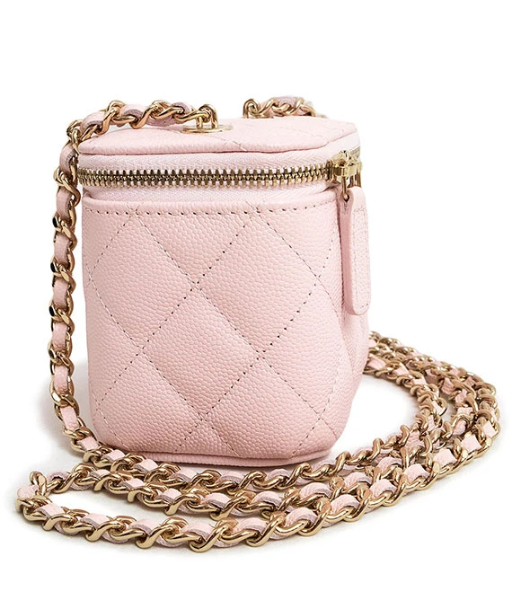 CHANEL Matelasse Light Pink Classic Small Vanity Case with Chain in Caviar Leather with Champagne Gold Hardware