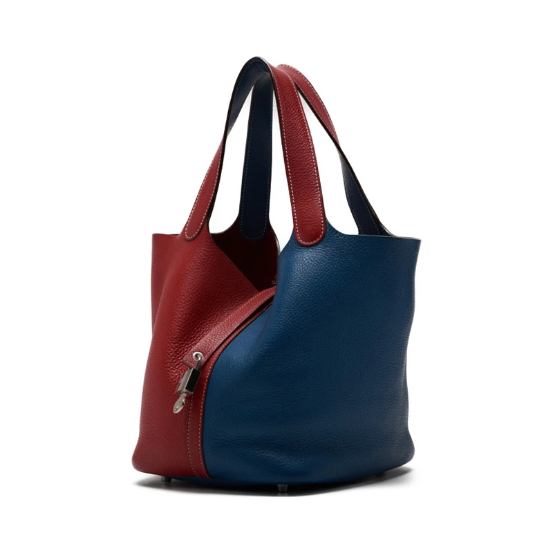 HERMES Picotin Lock MM (Stamp P) Bicolor Handbag Taurillon Clemence Rouge Casaque x Colvert (Silver Hardware)