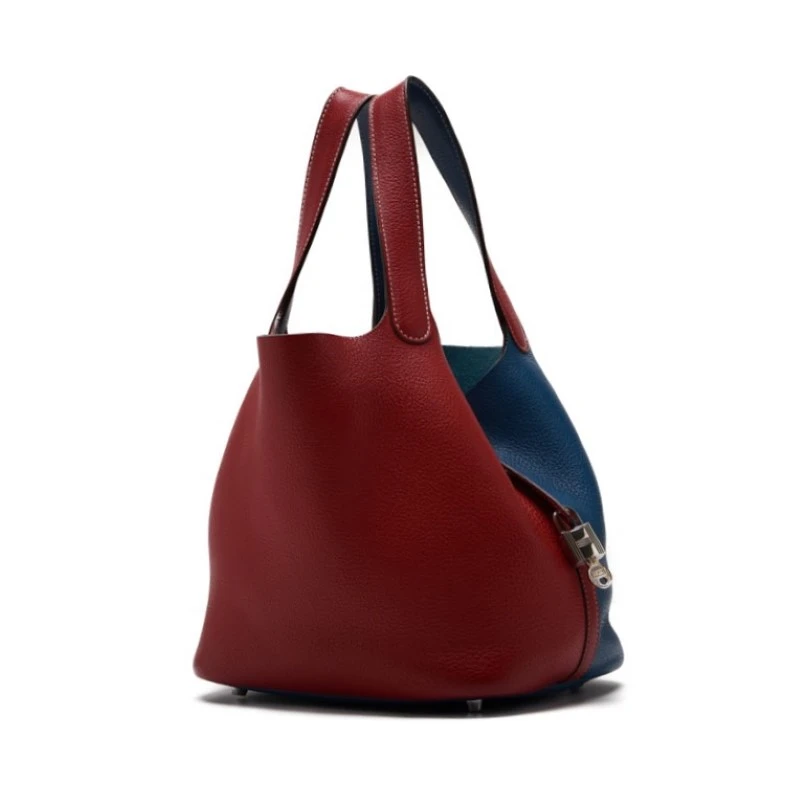 HERMES Picotin Lock MM (Stamp P) Bicolor Handbag Taurillon Clemence Rouge Casaque x Colvert (Silver Hardware)