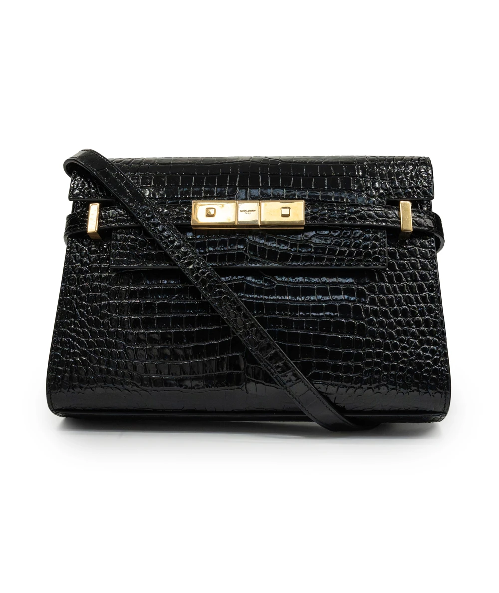 Saint Laurent Manhattan Crocodile-embossed Shiny Leather Shoulder Bag
