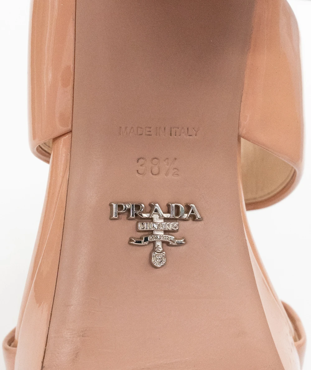 Prada Size 38.5 Peach Patent Leather Two Strap Chunky Heel Sandal Heels