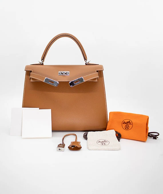 Hermes Size 28 Kelly Epsom Leather Handbag in Gold Color with Palladium Hardware