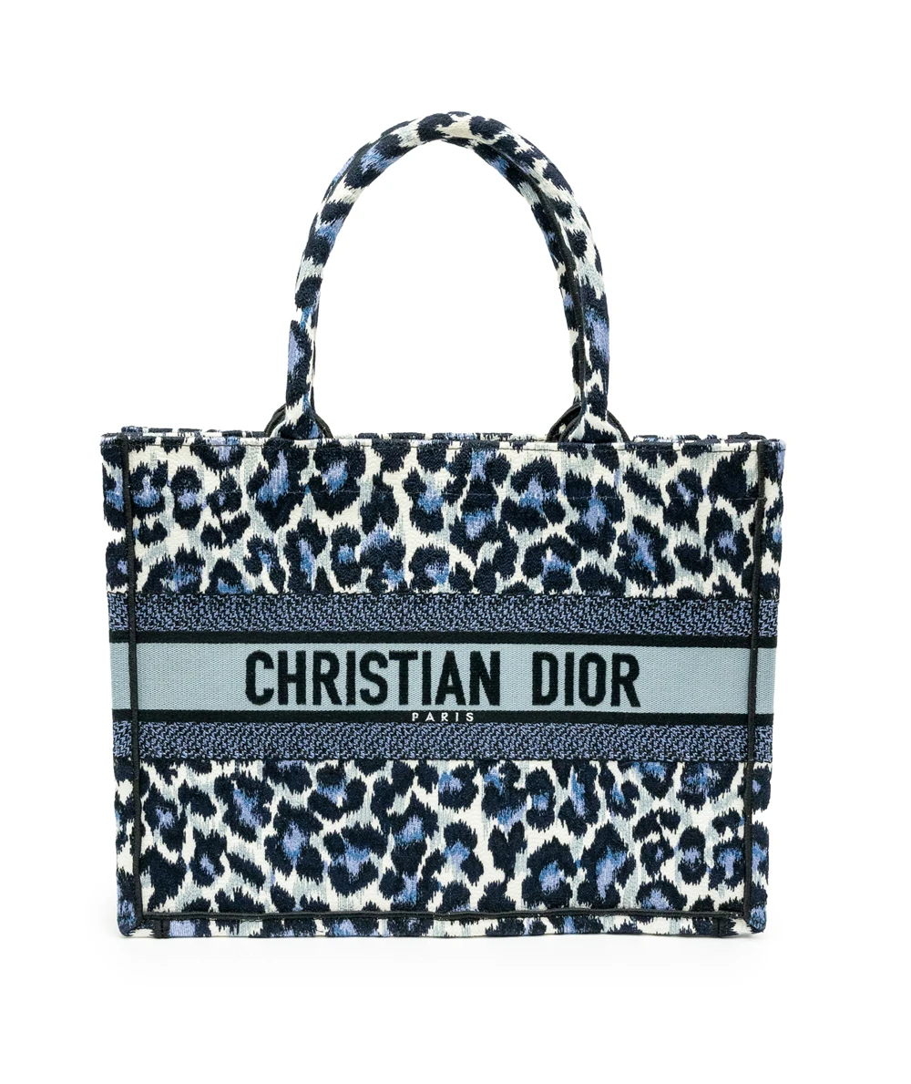 Dior Blue & Grey Canvas Mizza Embroidered medium Leopard Book Tote