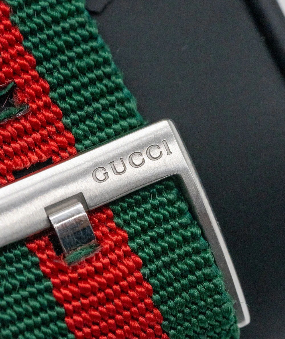 Gucci Metallic GG2570 41mm Watch with Green and Red Nylon Strap