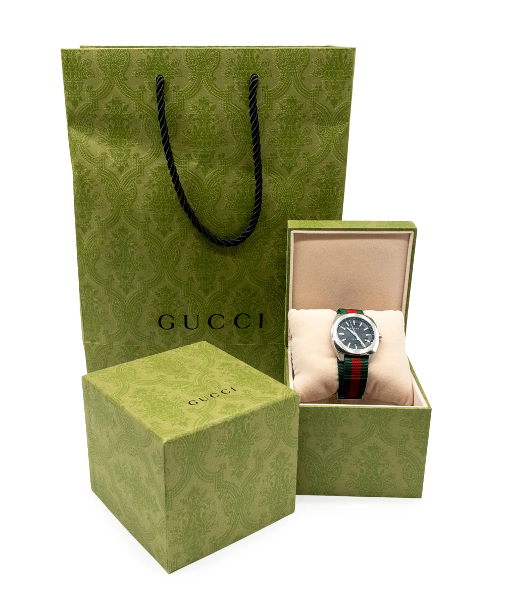 Gucci Metallic GG2570 41mm Watch with Green and Red Nylon Strap