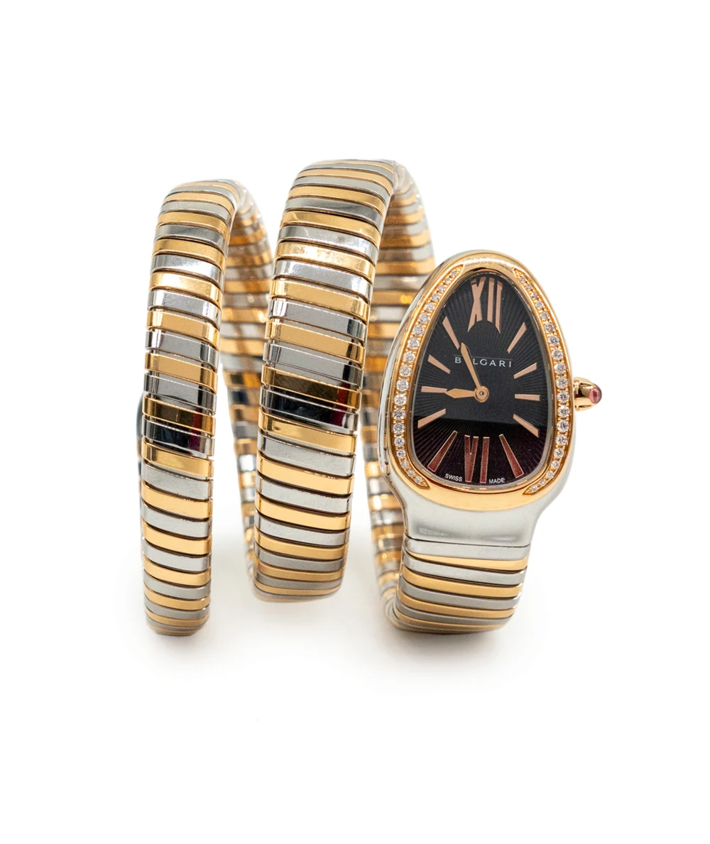 Bvlgari Serpenti 35mm Black Dial 18K Yellow Gold and Stainless Steel Tubogas Women's Wristwatch with Diamond Encrusted Bezel